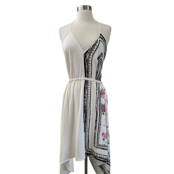 ZARA Combined Asymmetric Halter V-Neck Dress Rose Print Black/White/Red Sz S - Picture 6 of 10